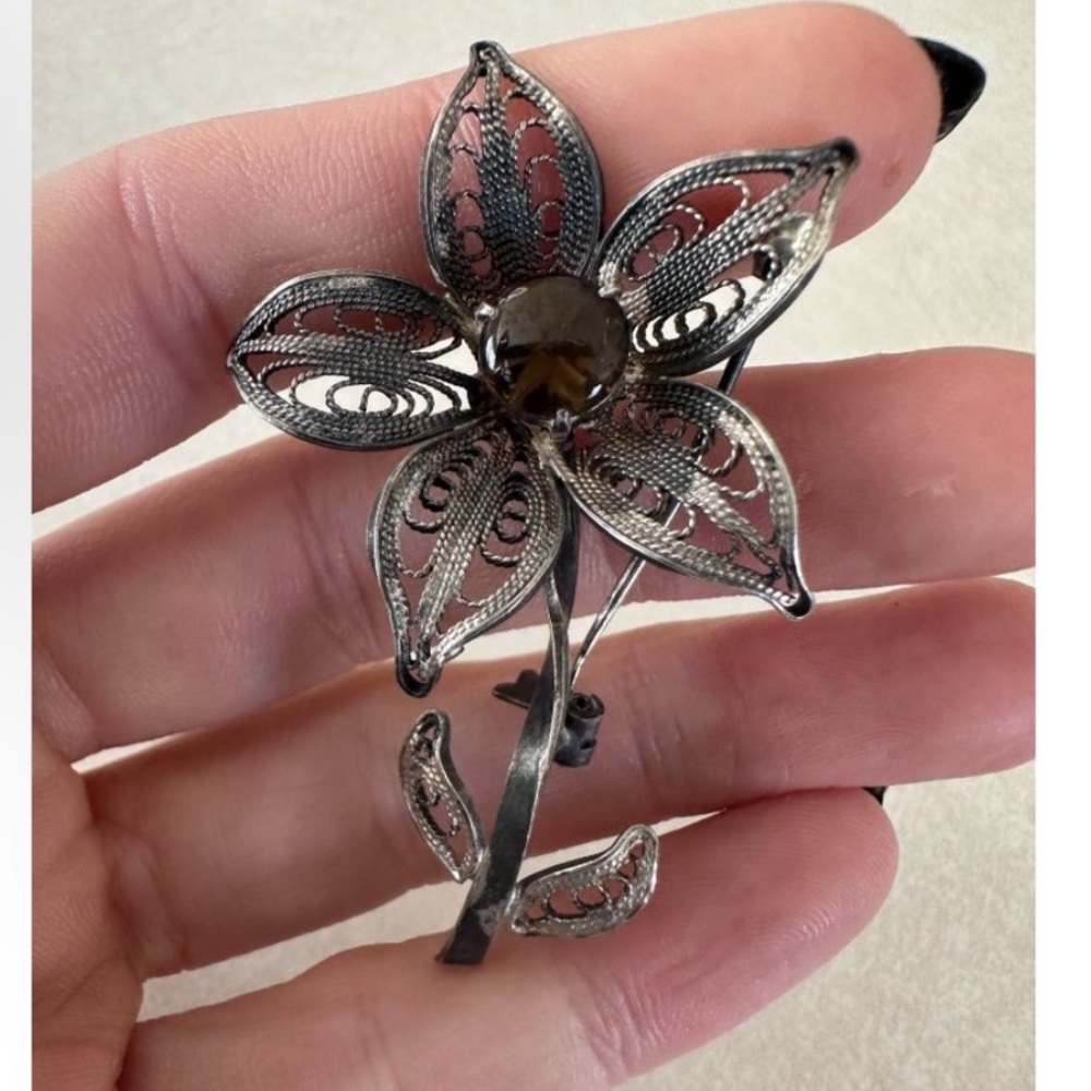 XL Sterling Silver Vintage Rhinestone Brown Floral Brooch Pin Antique Jewelry